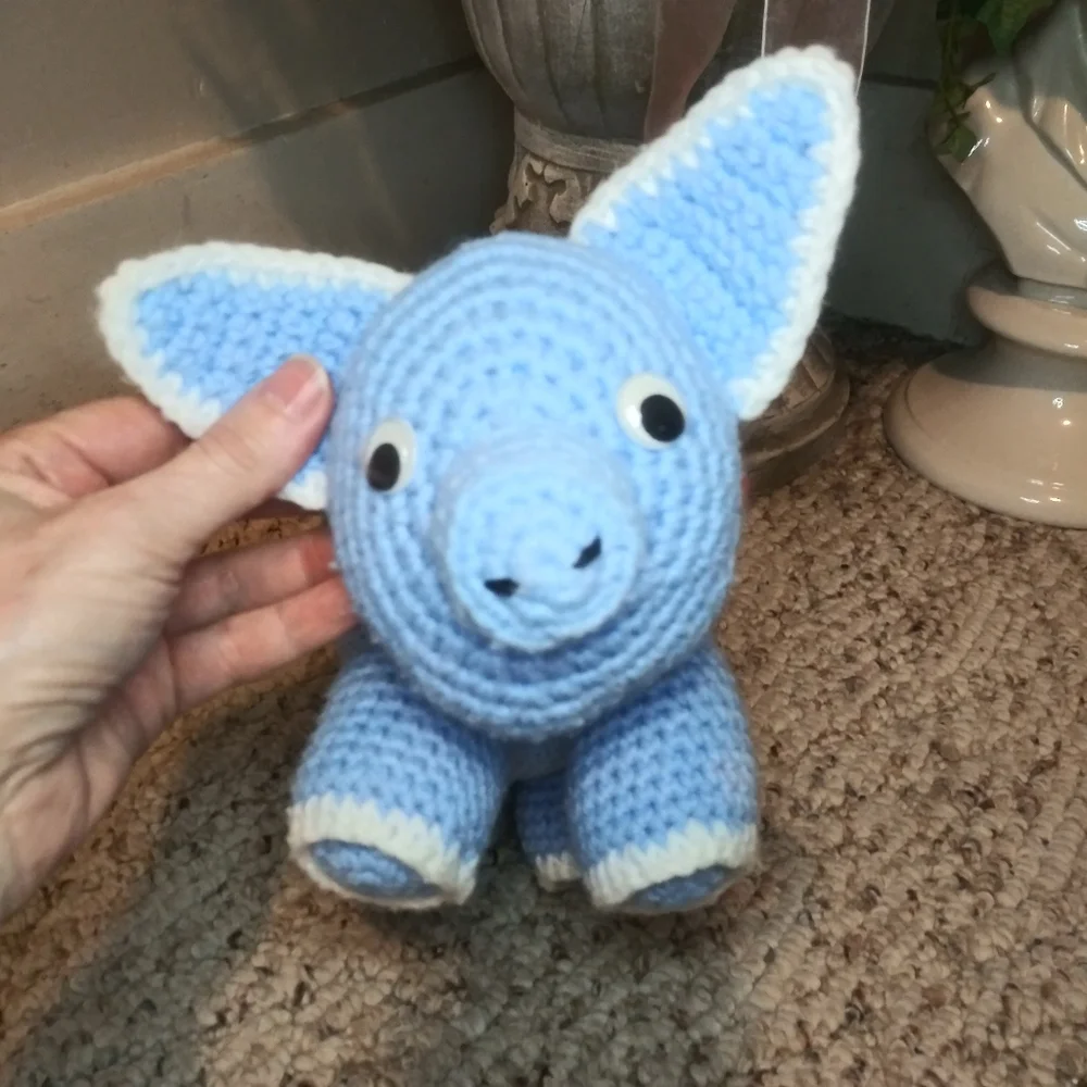 3/$18 Vtge. Blue/White Hand Crocheted Cottagecore Style Pig With Pastel Flowers